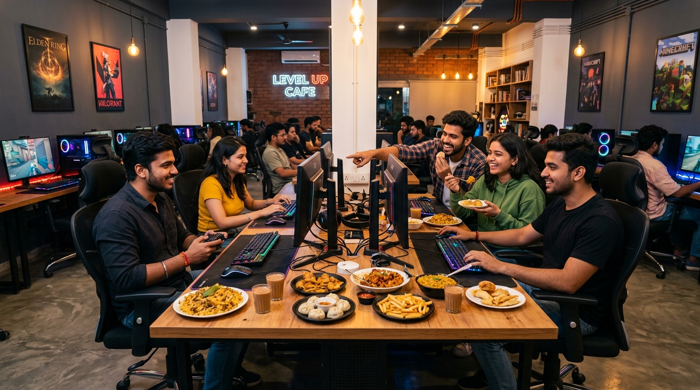 PixelBrew Café interior - gaming and dining area